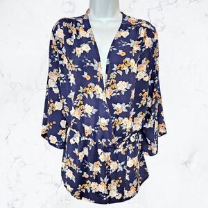 Miss Lili Navy / Purple & Orange Floral Wrap Look Lightweight Top Blouse